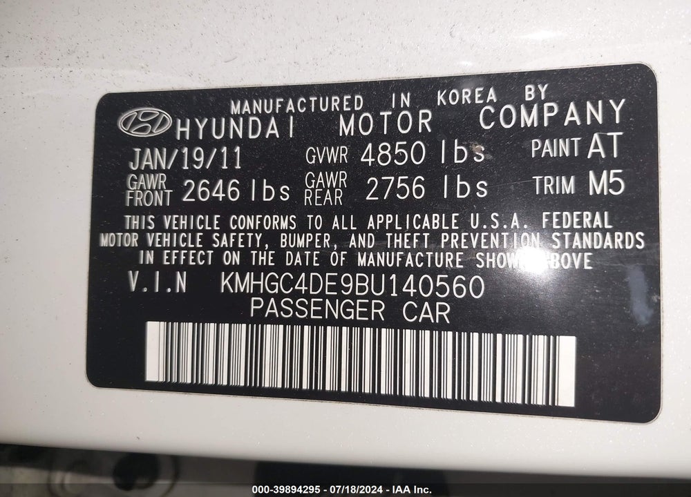 2011 HYUNDAI GENESIS 3.8 VIN: KMHGC4DE9BU140560