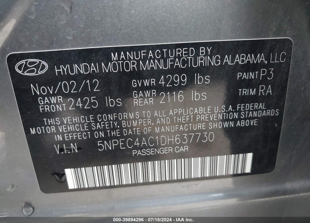 2013 HYUNDAI SONATA LIMITED VIN: 5NPEC4AC1DH637730