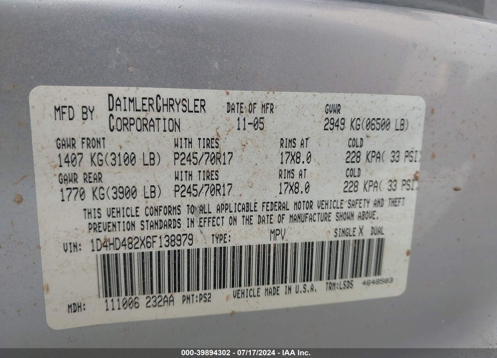 2006 DODGE DURANGO SLT VIN: 1D4HD482X6F138979
