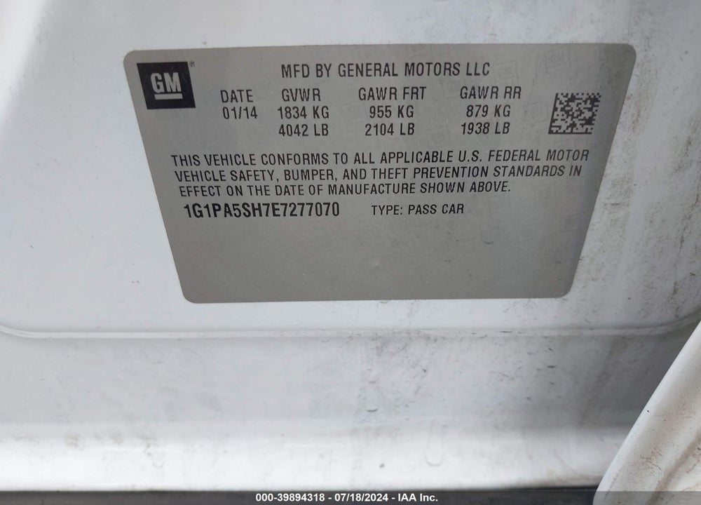 2014 CHEVROLET CRUZE LS AUTO VIN: 1G1PA5SH7E7277070