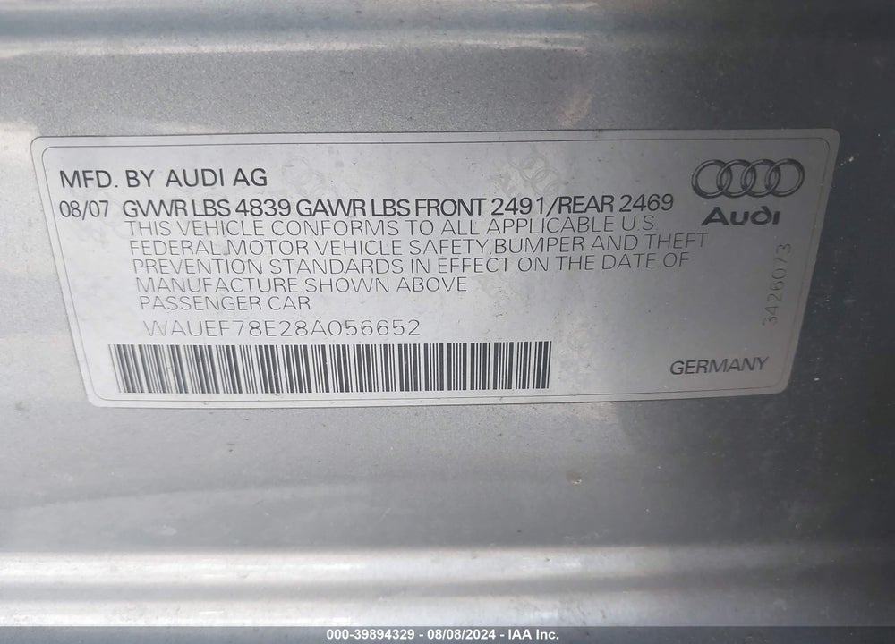 2008 AUDI A4 2.0T VIN: WAUEF78E28A056652
