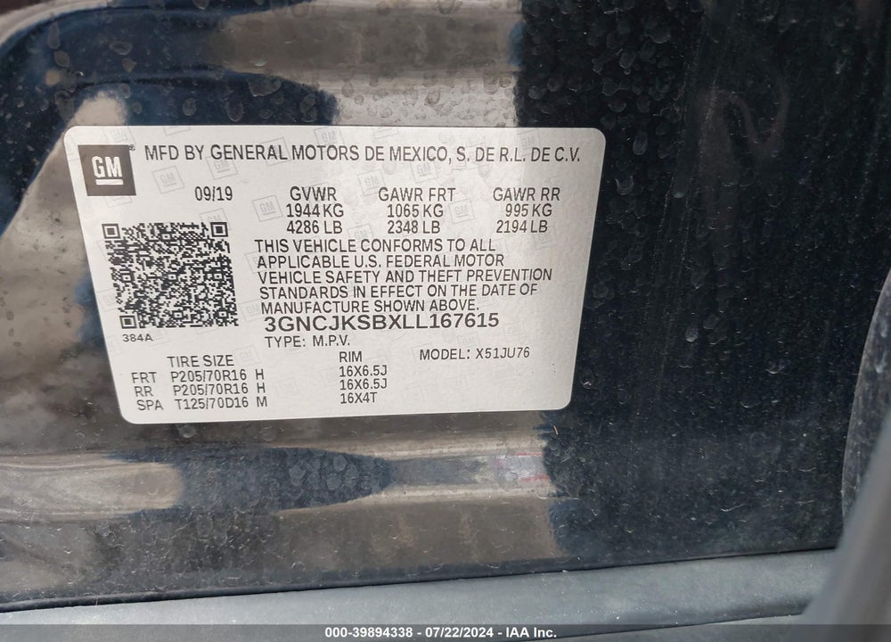 2020 CHEVROLET TRAX FWD LS VIN: 3GNCJKSBXLL167615