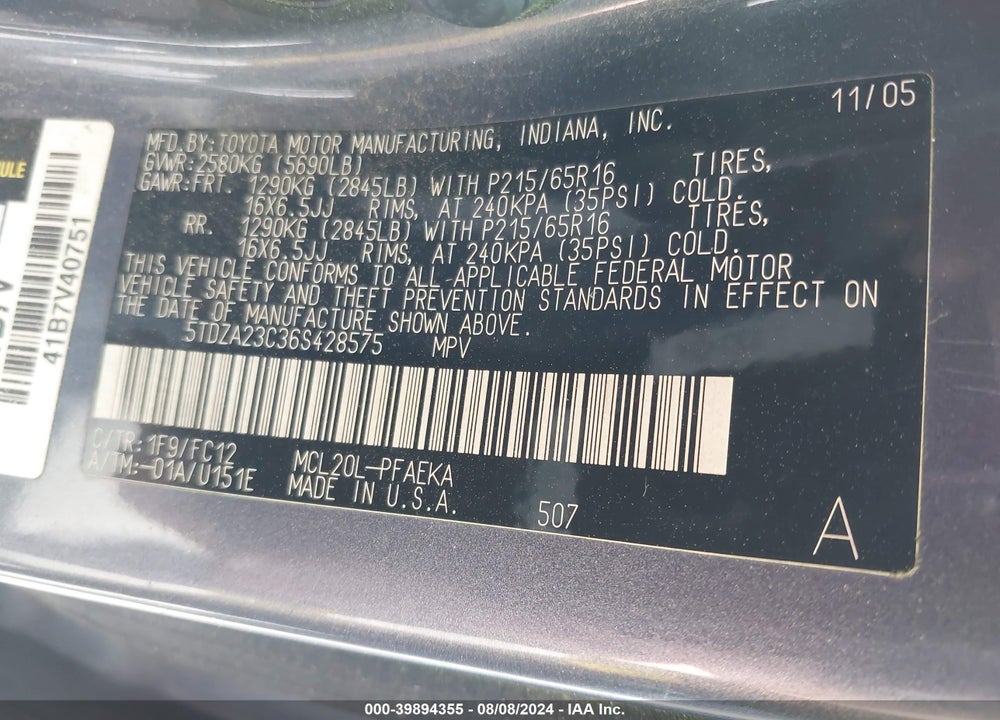 2006 TOYOTA SIENNA LE VIN: 5TDZA23C36S428575