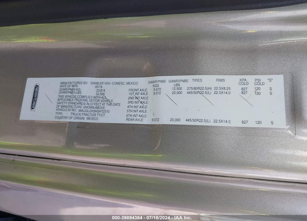 2017 FREIGHTLINER CASCADIA 125 VIN: 3AKJGLDR3HSHT2370