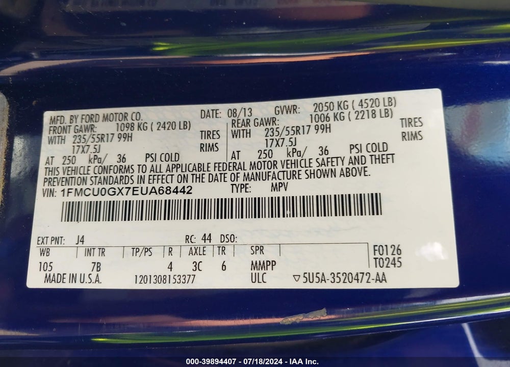 2014 FORD ESCAPE SE VIN: 1FMCU0GX7EUA68442