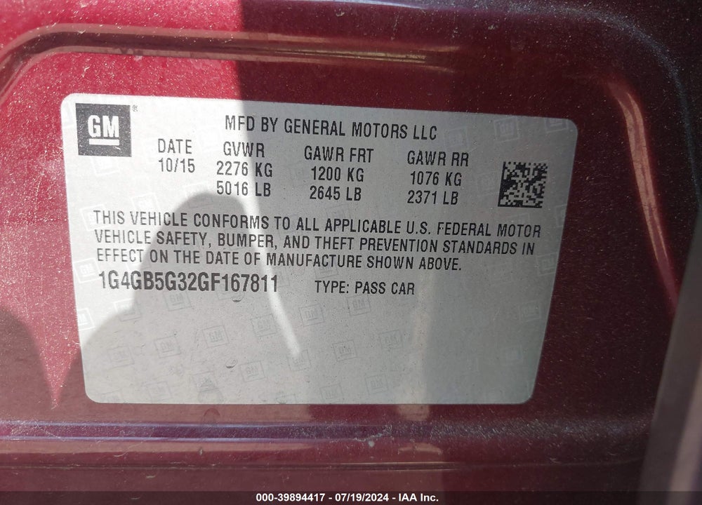 2016 BUICK LACROSSE VIN: 1G4GB5G32GF167811