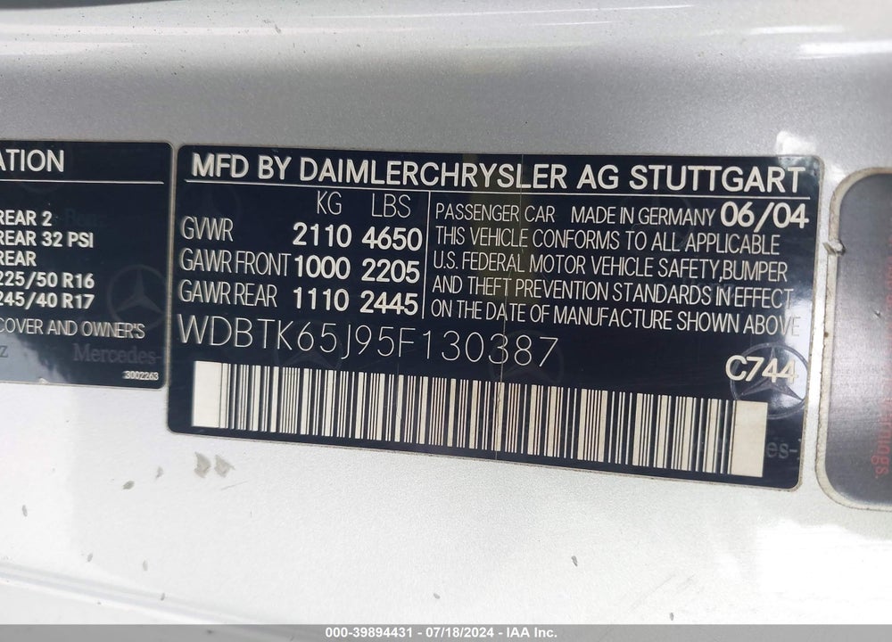 2005 MERCEDES-BENZ CLK 320 VIN: WDBTK65J95F130387