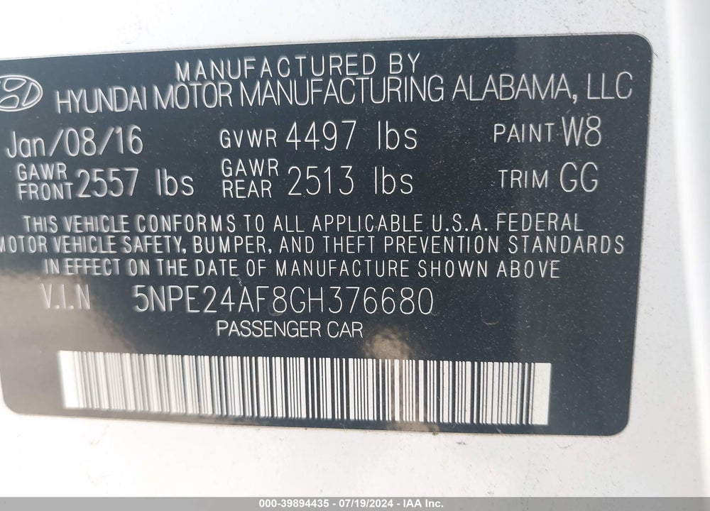2016 HYUNDAI SONATA SE VIN: 5NPE24AF8GH376680