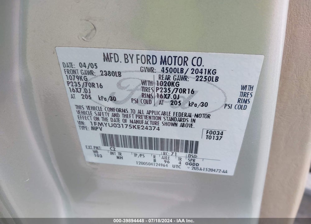 2005 FORD ESCAPE XLT VIN: 1FMYU03175KE24374