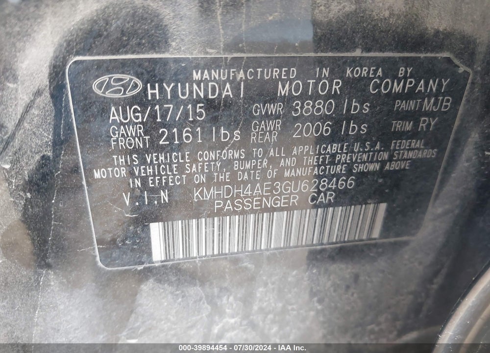 2016 HYUNDAI ELANTRA VALUE EDITION VIN: KMHDH4AE3GU628466