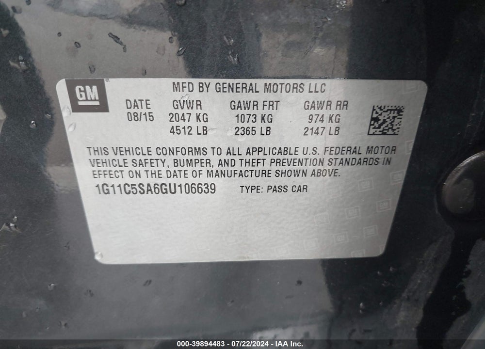 2016 CHEVROLET MALIBU LIMITED LT VIN: 1G11C5SA6GU106639