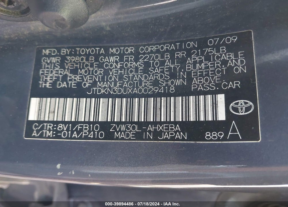 2010 TOYOTA PRIUS II VIN: JTDKN3DUXA0029418