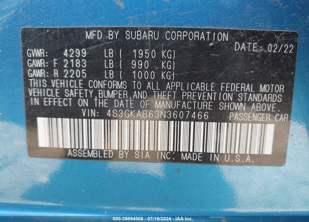2022 SUBARU IMPREZA BASE VIN: 4S3GKAB63N3607466