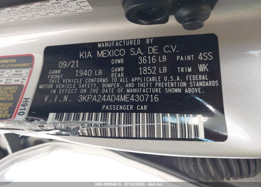 2021 KIA RIO LX VIN: 3KPA24AD4ME430716