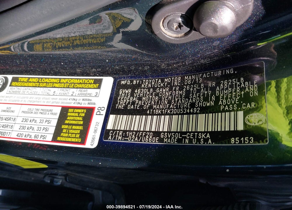 2013 TOYOTA CAMRY SE V6 VIN: 4T1BK1FK3DU534492