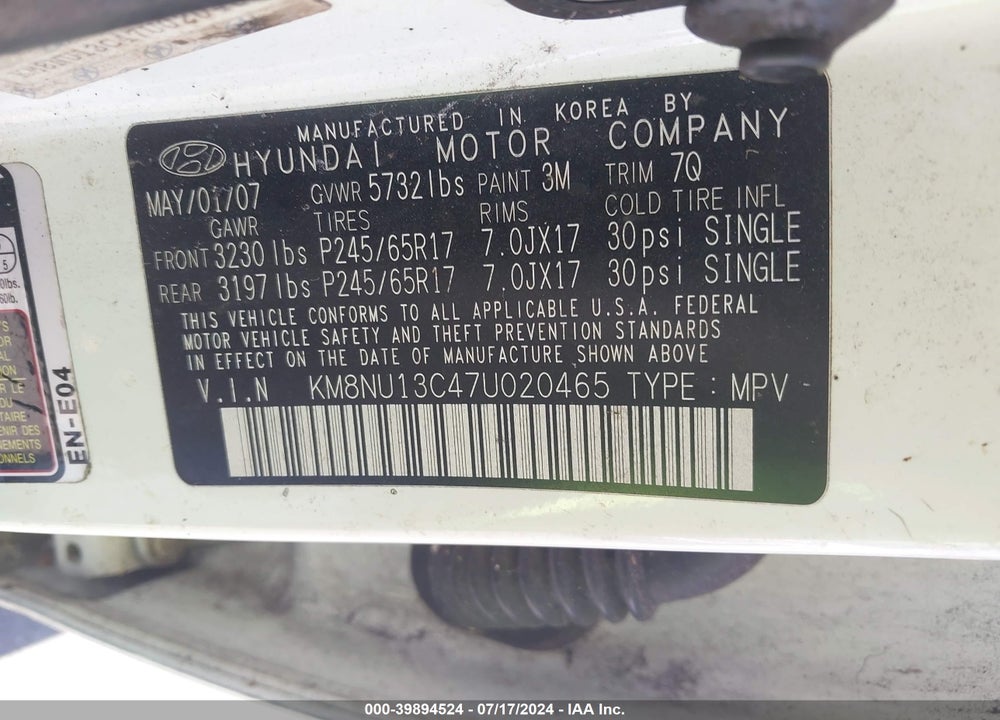 2007 HYUNDAI VERACRUZ GLS/LIMITED/SE VIN: KM8NU13C47U020465