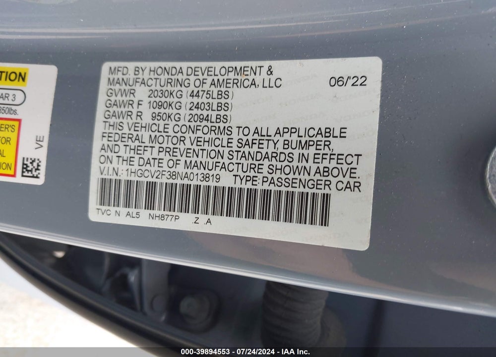 2022 HONDA ACCORD SPORT 2.0T VIN: 1HGCV2F38NA013819
