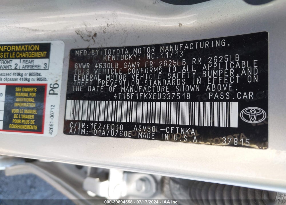 2014 TOYOTA CAMRY LE VIN: 4T1BF1FKXEU337518