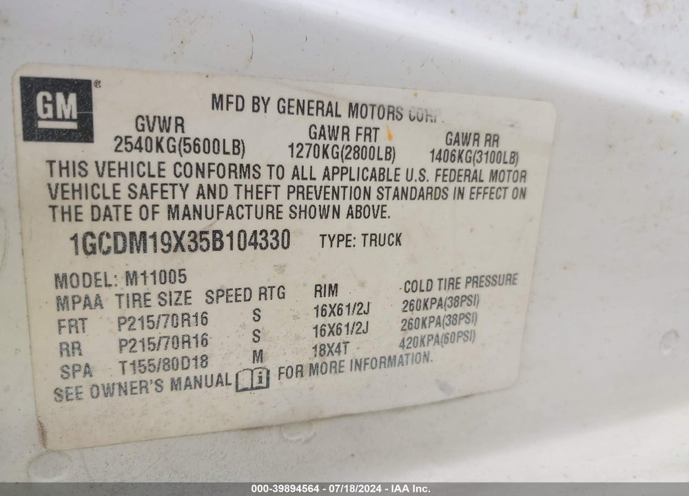 2005 CHEVROLET ASTRO VIN: 1GCDM19X35B104330