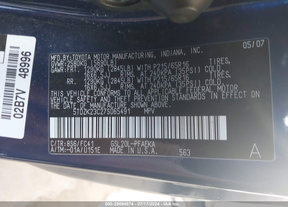 2007 TOYOTA SIENNA LE VIN: 5TDZK23C27S065491