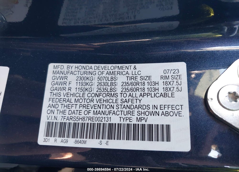 2024 HONDA CR-V VIN: 7FARS5H87RE002131