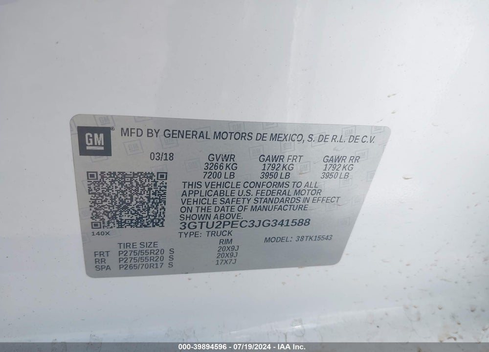 2018 GMC SIERRA 1500 VIN: 3GTU2PEC3JG341588