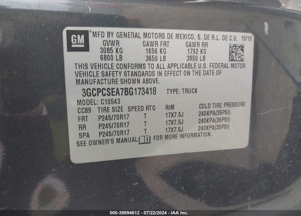 2011 CHEVROLET SILVERADO 1500 LT VIN: 3GCPCSEA7BG173418