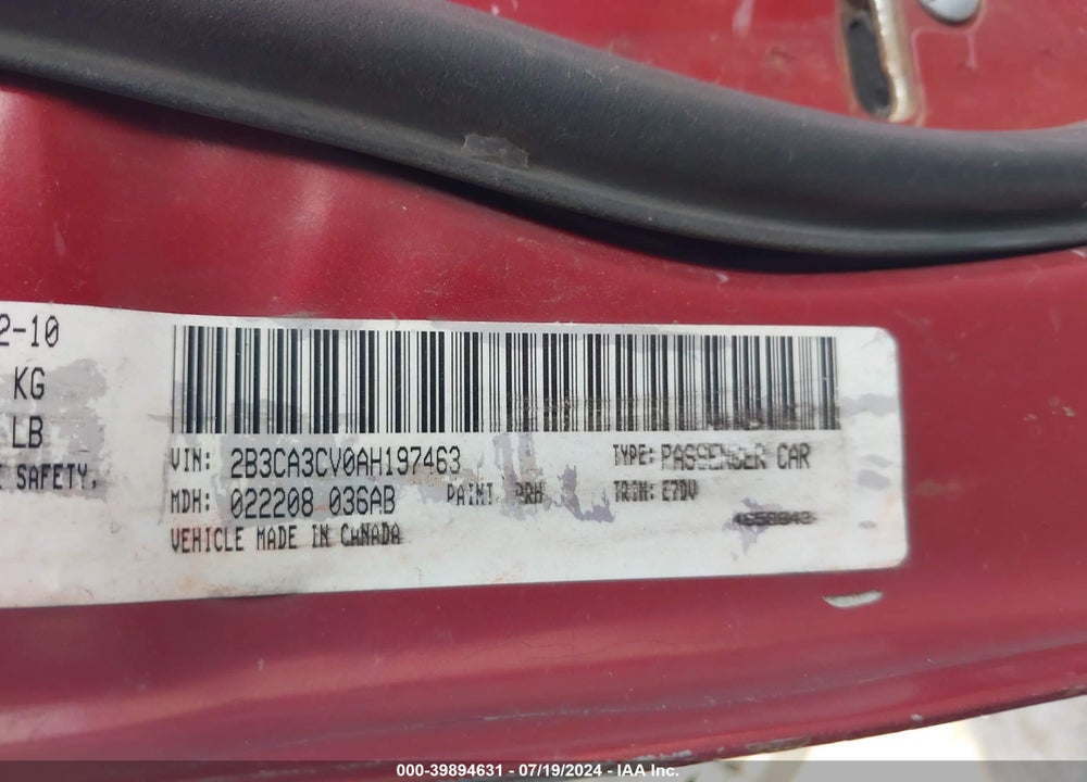 2010 DODGE CHARGER SXT VIN: 2B3CA3CV0AH197463