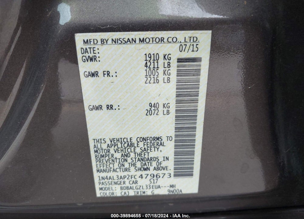 2015 NISSAN ALTIMA 2.5 S VIN: 1N4AL3AP2FC479673