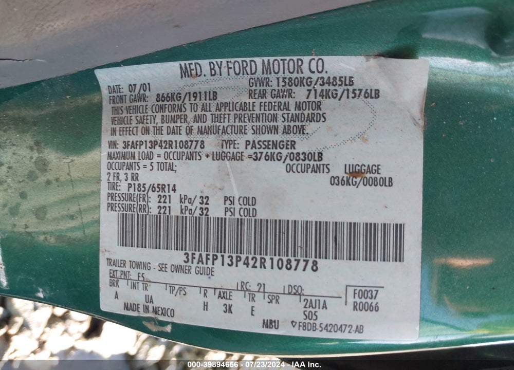 2002 FORD ESCORT FLEET VIN: 3FAFP13P42R108778