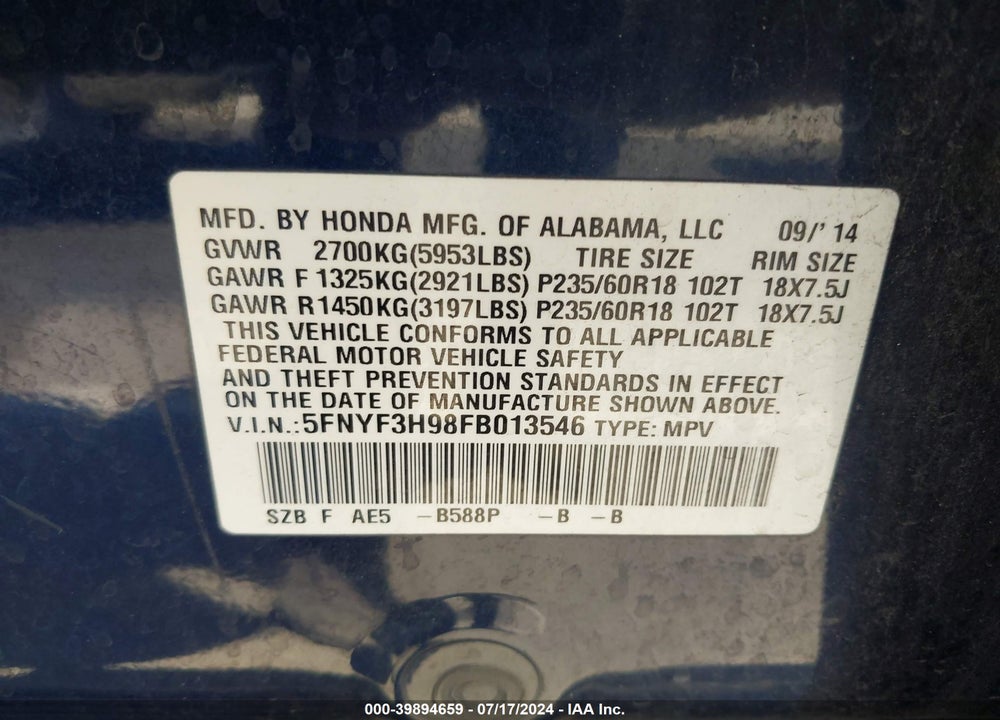 2015 HONDA PILOT TOURING VIN: 5FNYF3H98FB013546