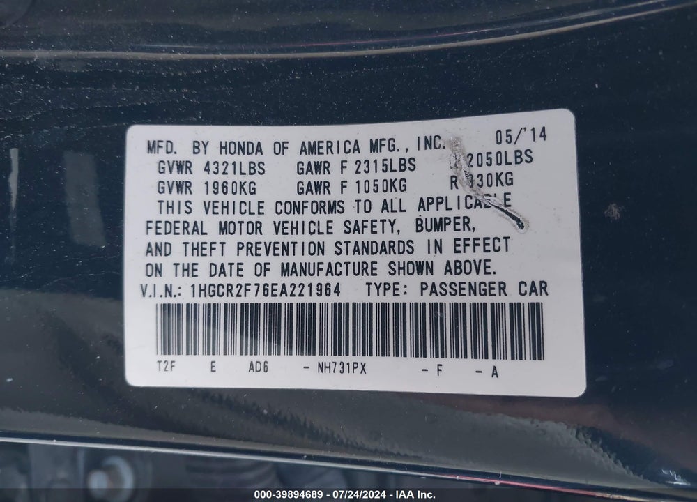 2014 HONDA ACCORD EX VIN: 1HGCR2F76EA221964