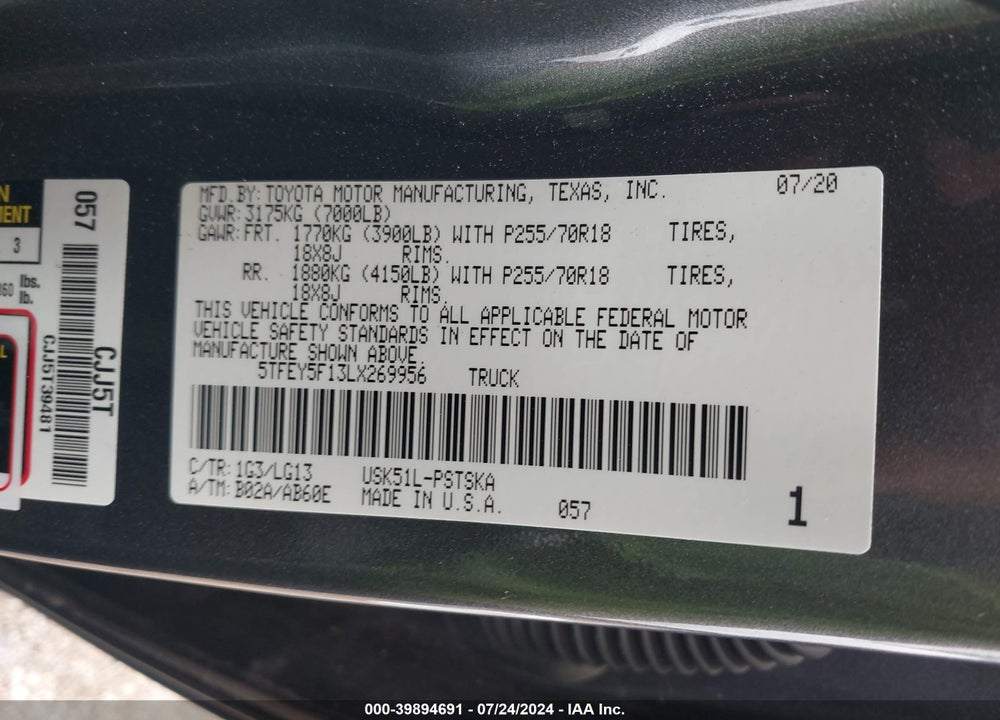 2020 TOYOTA TUNDRA SR5 VIN: 5TFEY5F13LX269956