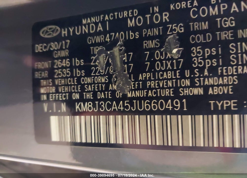 2018 HYUNDAI TUCSON SEL VIN: KM8J3CA45JU660491