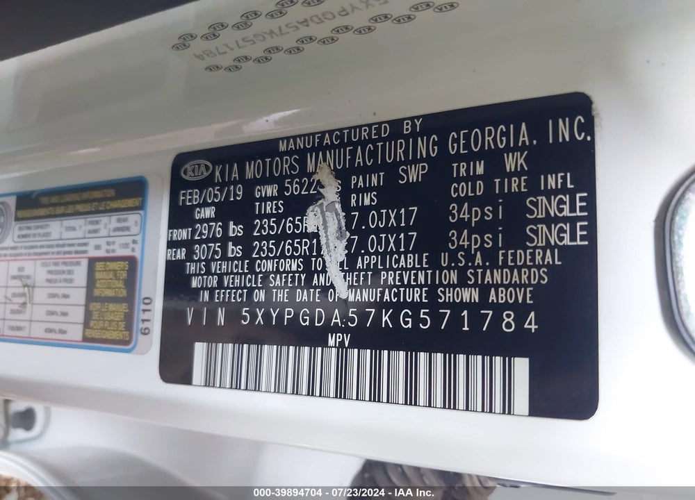 2019 KIA SORENTO 3.3L LX VIN: 5XYPGDA57KG571784