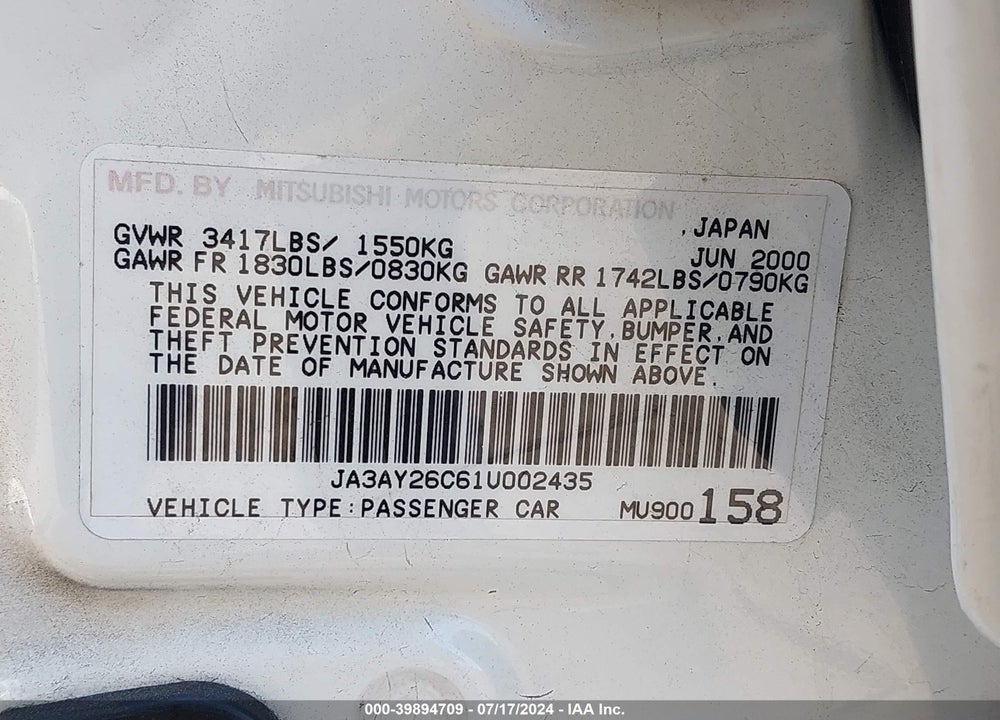 2001 MITSUBISHI MIRAGE ES VIN: JA3AY26C61U002435