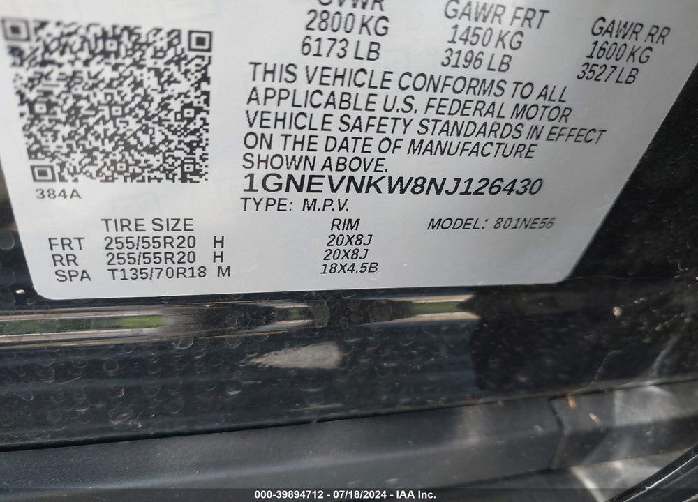 2022 CHEVROLET TRAVERSE AWD HIGH COUNTRY VIN: 1GNEVNKW8NJ126430