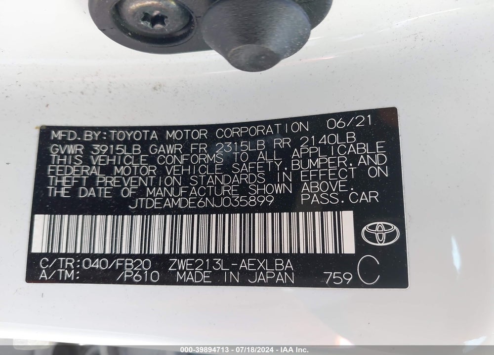 2022 TOYOTA COROLLA HYBRID LE VIN: JTDEAMDE6NJ035899