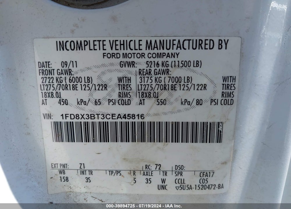 2012 FORD F-350 XLT VIN: 1FD8X3BT3CEA45816