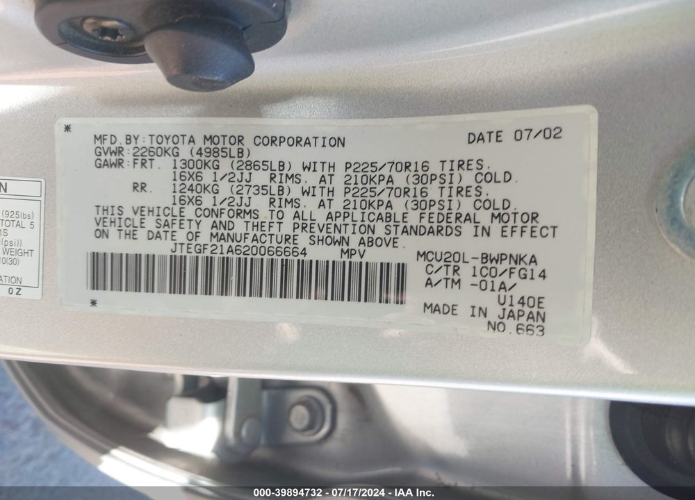 2002 TOYOTA HIGHLANDER V6 VIN: JTEGF21A620066664