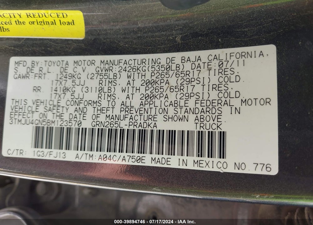 2011 TOYOTA TACOMA PRERUNNER V6 VIN: 3TMJU4GN5BM123570