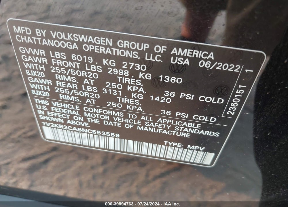 2022 VOLKSWAGEN ATLAS 3.6L V6 SE W/TECHNOLOGY VIN: 1V2KR2CA6NC553559