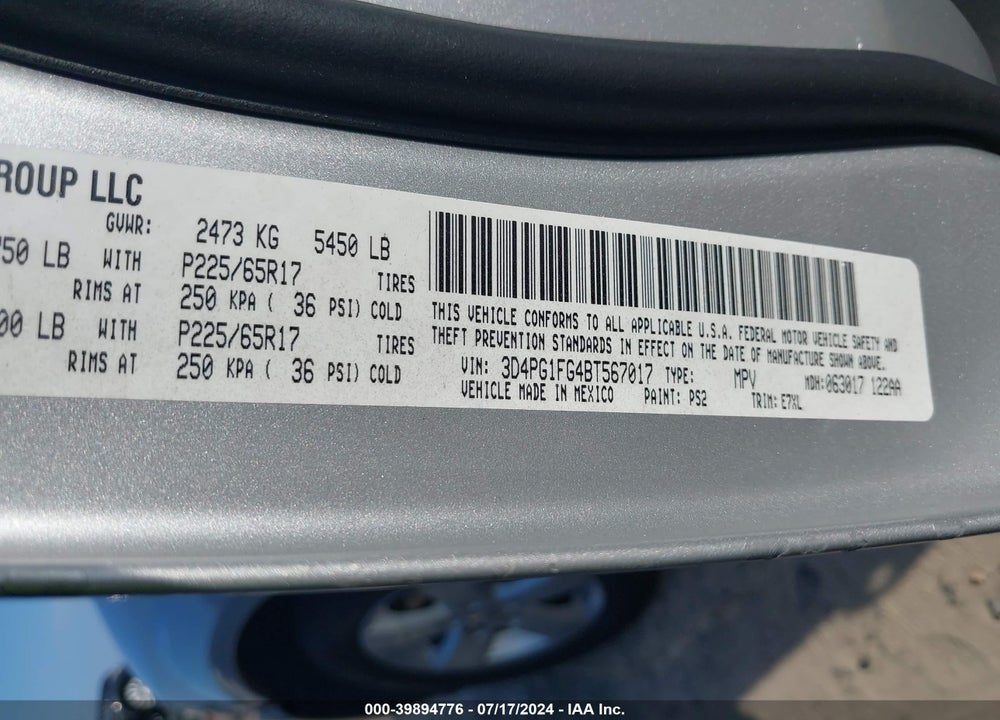 2011 DODGE JOURNEY MAINSTREET VIN: 3D4PG1FG4BT567017