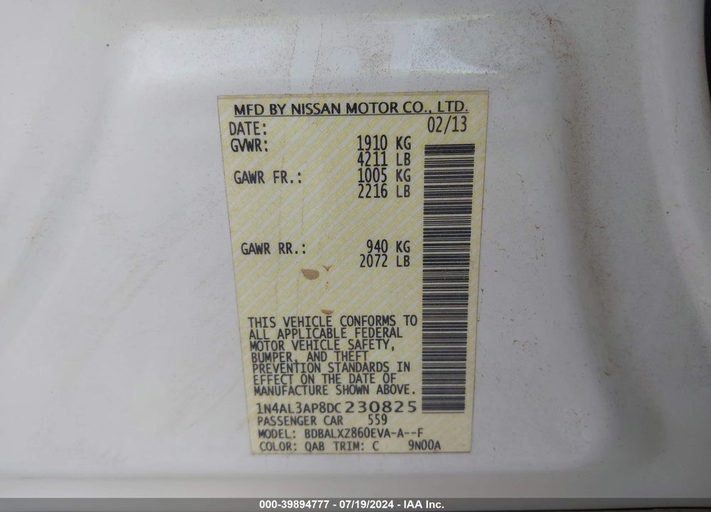 2013 NISSAN ALTIMA 2.5 SL VIN: 1N4AL3AP8DC230825