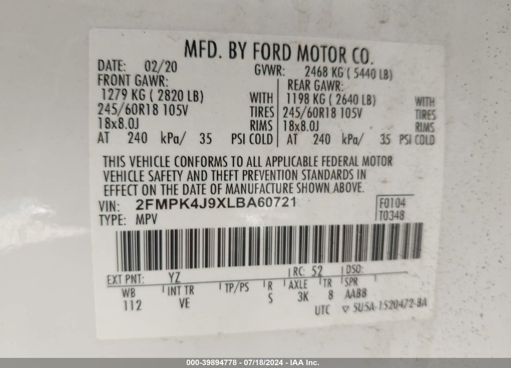 2020 FORD EDGE SEL VIN: 2FMPK4J9XLBA60721