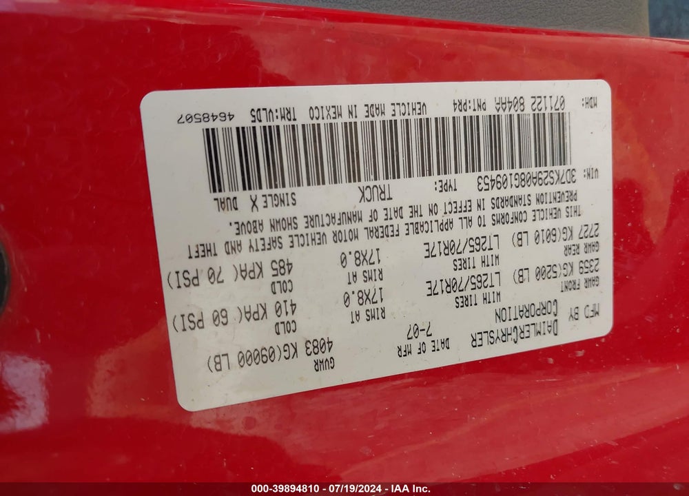 2008 DODGE RAM 2500 LARAMIE VIN: 3D7KS29A08G109453