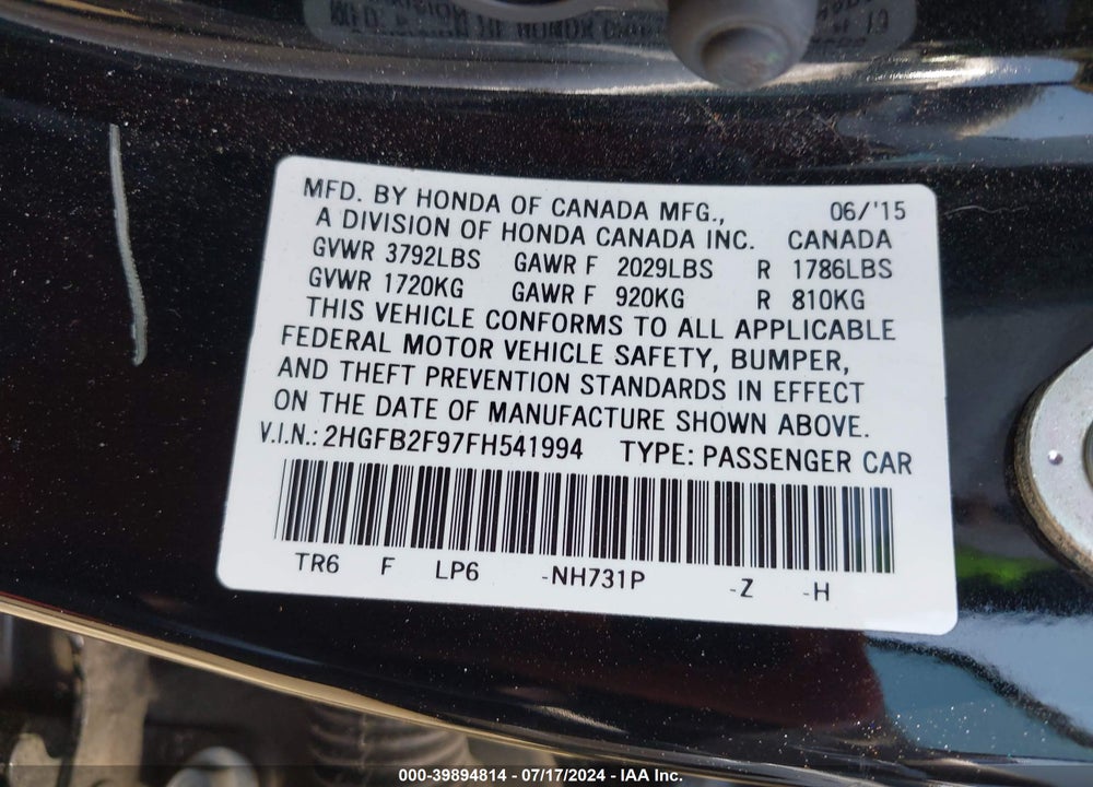 2015 HONDA CIVIC EX-L VIN: 2HGFB2F97FH541994