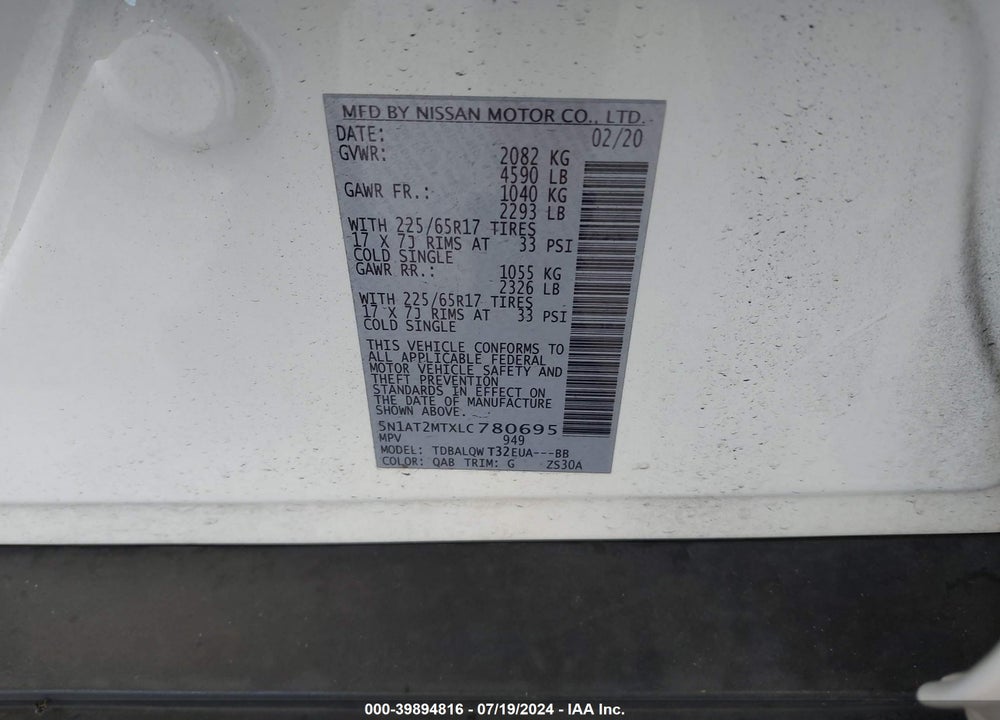 2020 NISSAN ROGUE SV FWD VIN: 5N1AT2MTXLC780695