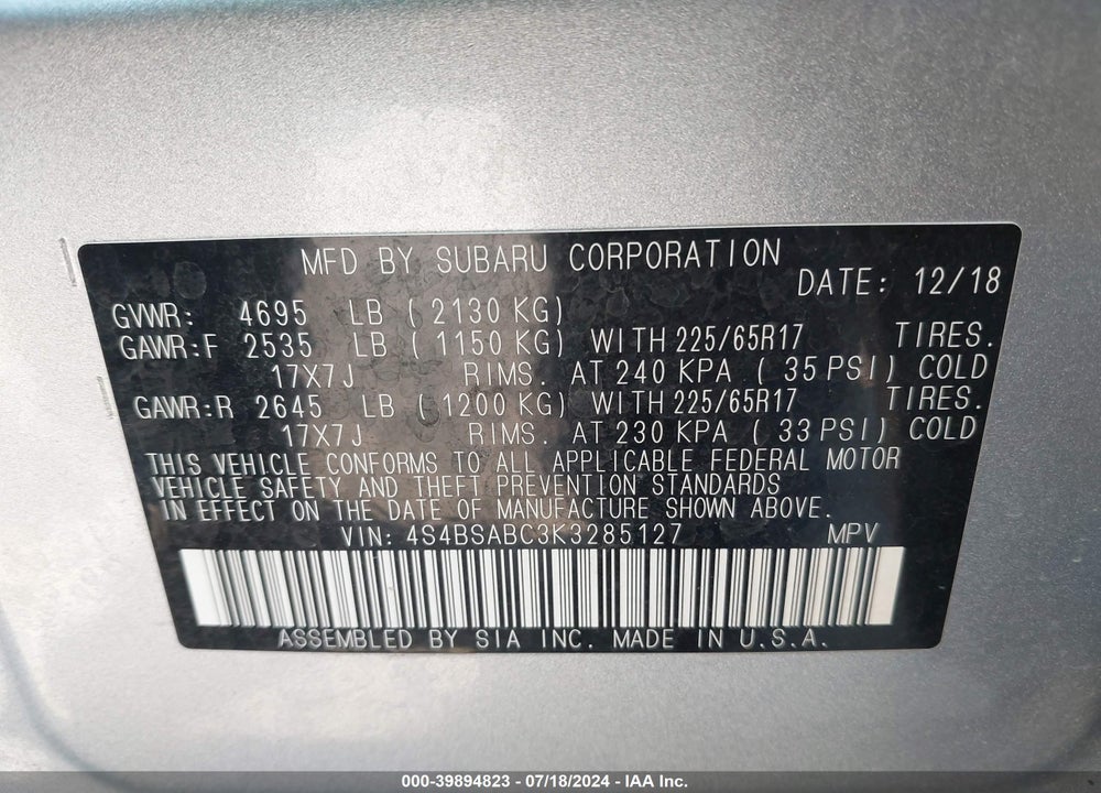 2019 SUBARU OUTBACK VIN: 4S4BSABC3K3285127