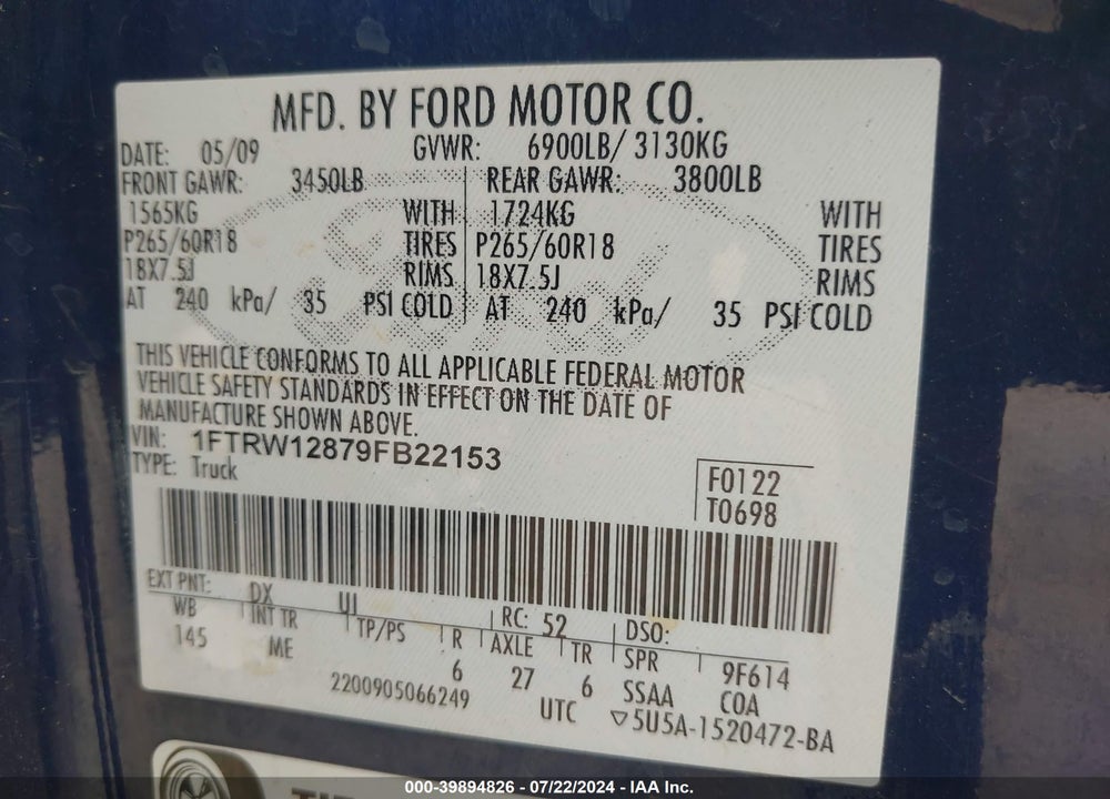 2009 FORD F-150 XL/XLT VIN: 1FTRW12879FB22153
